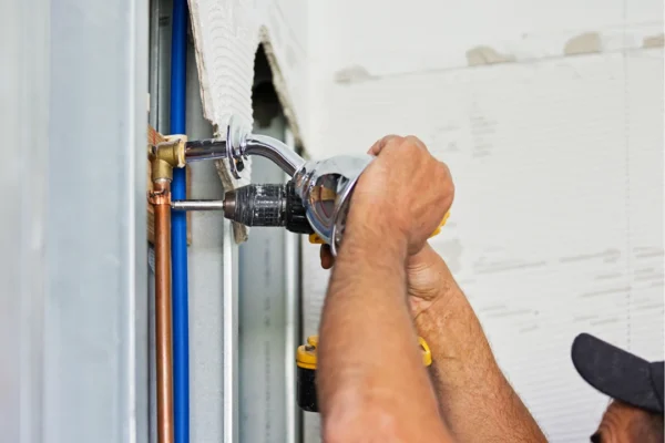 Professional plumber using a power drill to install a shower fixture and connect copper and PEX water pipes during bathroom renovation in a Gold Coast home. SEQ Plumbing & Roofing – Bathroom Renovations & Domestic Plumbing.