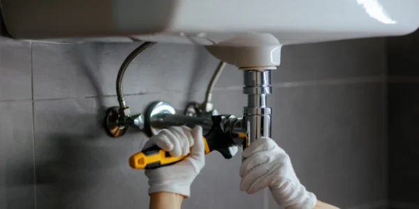 Gloved plumber using a wrench to fix a leaking pipe under a bathroom sink in a Gold Coast home. SEQ Plumbing & Roofing – Blocked Drains & Emergency Plumbing.