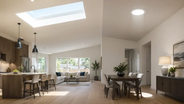 Tubular skylight vs skylight comparison in a modern open-plan home, showing a traditional rectangular skylight casting broad natural daylight and a tubular skylight creating a focused circular pool of light.