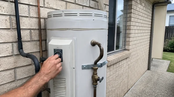 Tradesman adjusting a gas hot water system on the exterior brick wall of a Gold Coast home.