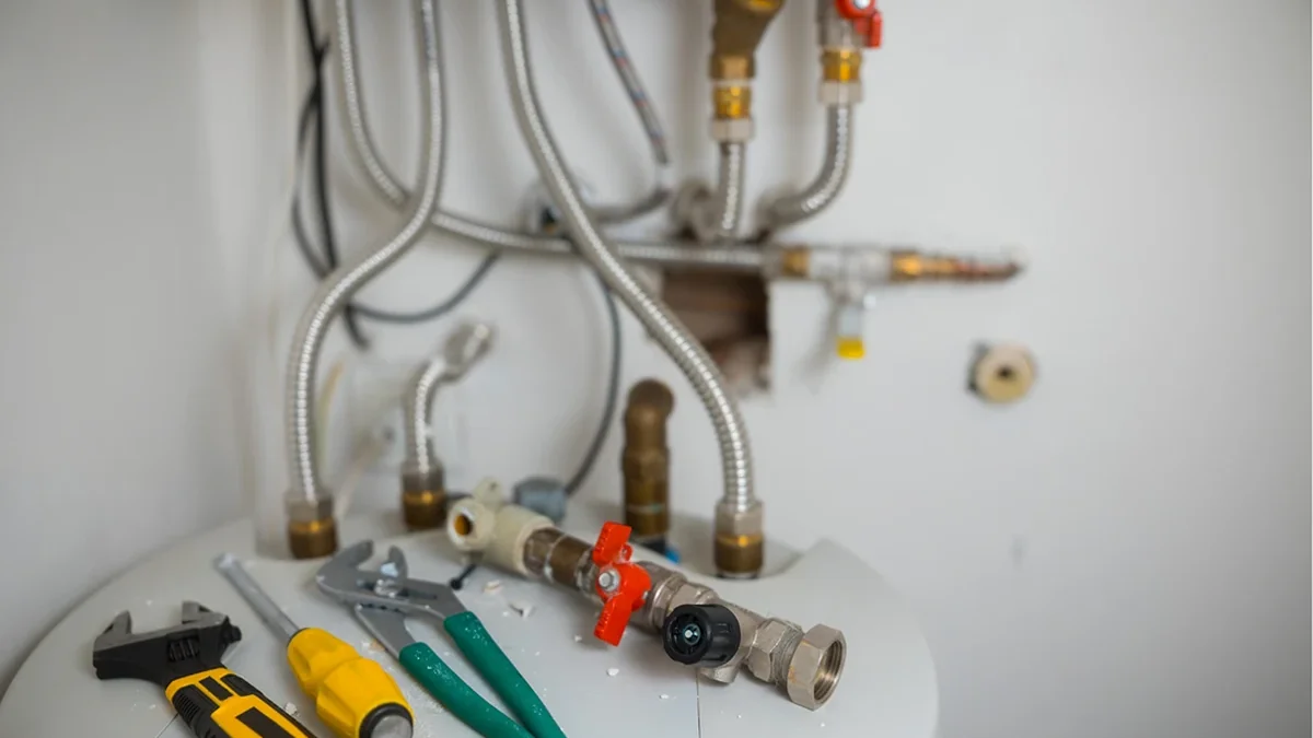 Valves and brass fittings on top of a hot water tank, with plumbing tools ready for a relief valve repair